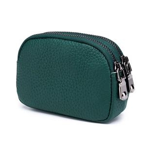 Mini green genuine leather coin purse with double zippers and pebbled texture
