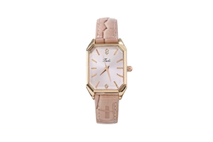 Close-up of pink octagonal watch dial with rhinestones and faux crocodile leather strap