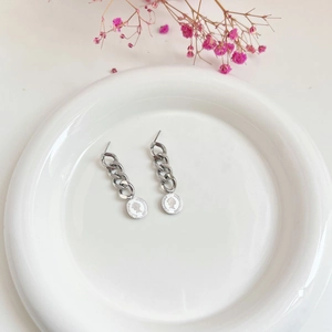 Silver vintage coin drop earrings with curb chain links and Elizabeth II profile