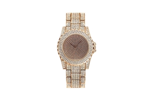 Detailed view of rose gold women's watch featuring a full rhinestone pavé dial and band