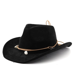 Retro black suede cowboy hat with shell decorations and brown leather strap for outdoors
