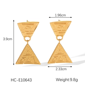 Detailed dimensions of gold stainless steel earrings with embossed eye and spiral pattern