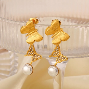 18K gold plated butterfly earrings with sparkling crystals and elegant white pearls