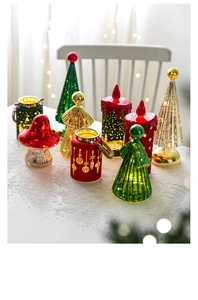 Detail of assorted LED glass Christmas tree ornaments and warm festive decorations