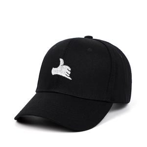 Black cotton baseball cap with white embroidered Shaka hand gesture on curved brim