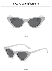 Vertical view of white cat-eye sunglasses with black lenses from front and side angles