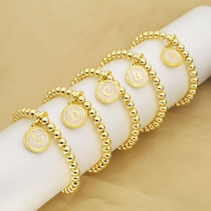 Bracelet Pendentif Lettre Initiale Cuivre Plaqué Or 18K Perles Ajustable Émail Rose Bijoux Mode Femmes