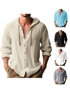 Detail view of linen hoody shirt showing buttons and drawstring in multiple colors