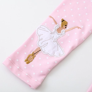 Pink cotton girls leggings with white polka dots and embroidered ballet dancer motif