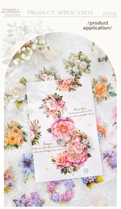 Detail of floral PET stickers featuring watercolor roses and hydrangeas on a card