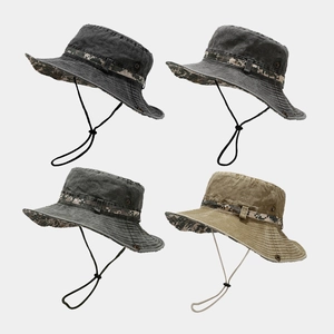 Retro Washed Cotton Bucket Hat Camouflage Outdoor Sun Protection Windproof Boonie Hat Adjustable For Men Women