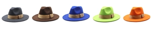 Detailed view of wide brim fedora hats in multiple colors with khaki ribbon and bee metal pin