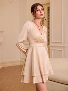 Elegant champagne satin V-neck mini dress with lantern sleeves and layered hem