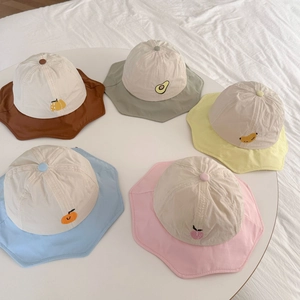 Kids quick-dry sun hats with petal brim and fruit embroidery in five pastel colors
