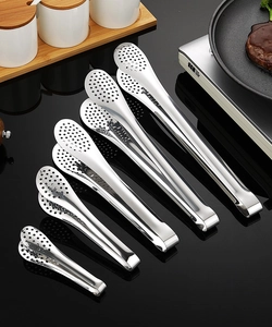 Polished stainless steel food tongs in various sizes for BBQ and kitchen use