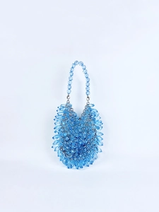 Detailed close-up of sky blue handmade acrylic beaded handbag with sharp crystal textures