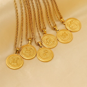 18K Gold Plated Stainless Steel Zodiac Sign Pendant Necklace Round Coin Medallion Rope Chain Jewelry For Women Men