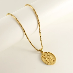 18K gold plated stainless steel necklace with 3D relief pendant on minimalist background
