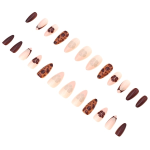 Almond-shaped press-on nails featuring brown leopard print and floral clover designs