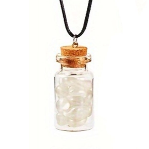 Detail of creative glass bottle pendant with white stones and black cord necklace