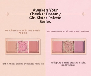 Close-up of matte powder blush palettes in peach and cool pink tones with clear packaging