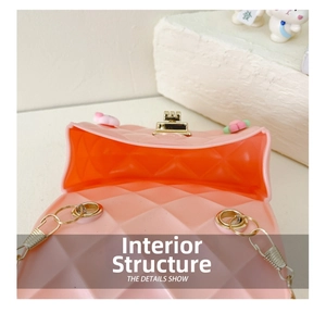 Internal structure of a pink silicone crossbody bag with gold clasp and chain strap
