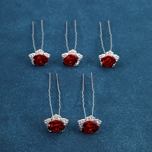 Set of five U-shaped hair pins featuring red roses with shimmering rhinestone edges