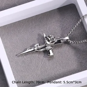 Gothic rose cross and dagger pendant necklace with 70cm square pearl chain