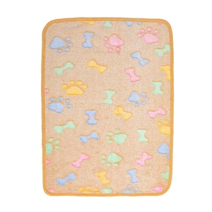 Soft coral fleece pet blanket with colorful paw prints and bone patterns for dogs and cats