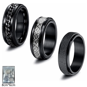 Stainless Steel Rings For Men Anxiety Spinner Stress Relief Punk Black Celtic Dragon Chain Inlay Frosted Finish