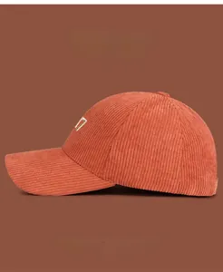 Detailed side view of vintage corduroy baseball cap with high quality letter n embroidery