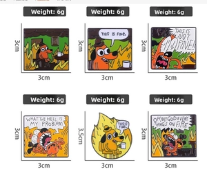 Detailed close-up of cartoon cat and dog enamel pins set with humorous quote bubbles