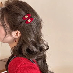 Elegant red flocked hair clip with gold metal puppy and matching heart dangle earrings