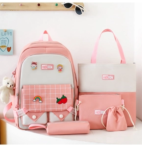 Pink and white 5-piece school bag set including backpack, tote, and pencil case