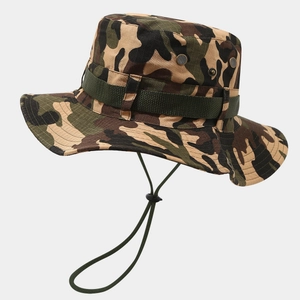 Detail showing tactical camo boonie hat with metal air vents and adjustable chin strap