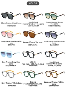 Overview of 12 stylish double-bridge square sunglasses in various lens and frame colors