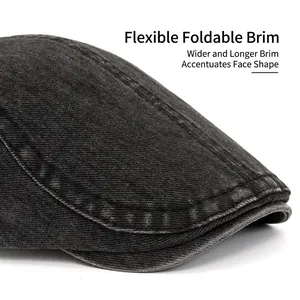 Washed dark gray denim ivy cap with foldable wide brim and precision stitching details