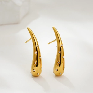 Detailed close-up of 18K gold-plated teardrop earrings with elegant pearl accents