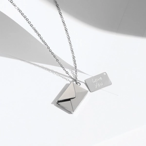 Minimalist silver envelope pendant necklace with Love You engraved letter in stainless steel