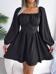 Robe Mini À Col Carré Manches Lanternes Taille Froncée Ligne A Élégant Style Français Mélange Polyester Pour Femmes