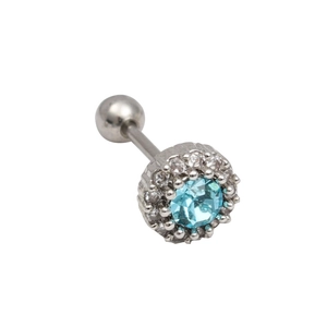 Surgical steel stud earring featuring a halo-set sea blue zircon with a screw back ball