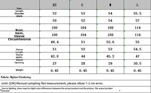 Detailed size guide table for women's corduroy quilted nylon jacket in CM and grams