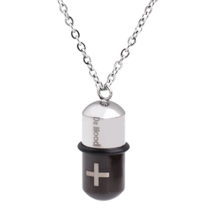 Cross stainless steel capsule pill necklace with De Mood engraving on silver and black pendant