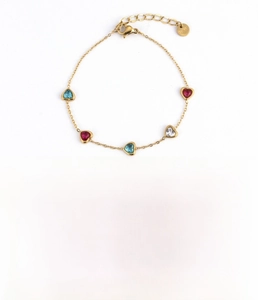 Detail of gold titanium steel heart bracelet with colorful zircon and vacuum plating info
