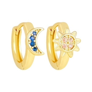 Asymmetrical Sun Moon Star Huggie Hoop Earrings For Women 925 Sterling Silver Post Zirconia Gold Silver Copper Jewelry