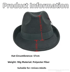 Detailed view of black felt fedora hat featuring red trim and colorful feather accents