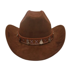 Detail of brown suede cowboy hat featuring ethnic woven band and silver coin charms