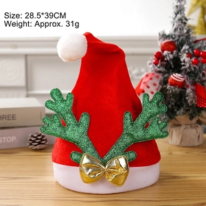 Red Christmas hat with green sequin reindeer antlers and a golden bow detail