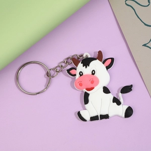 Cartoon cow keychain with cute black and white spotted silicone charm and metal ring