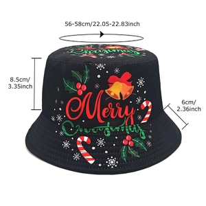 Foldable black Christmas bucket hat with Merry Christmas print and winter holiday motifs